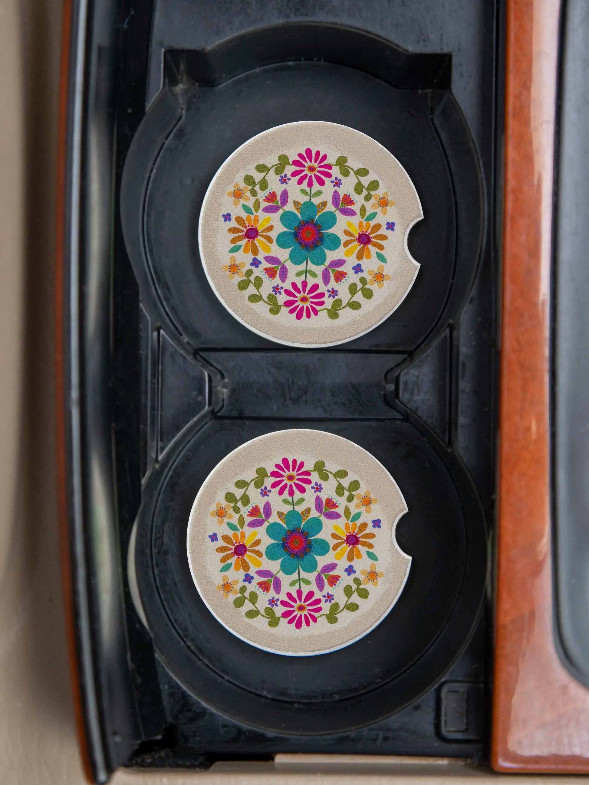 Car Coasters, Set of 2 - Cream Folk Flower