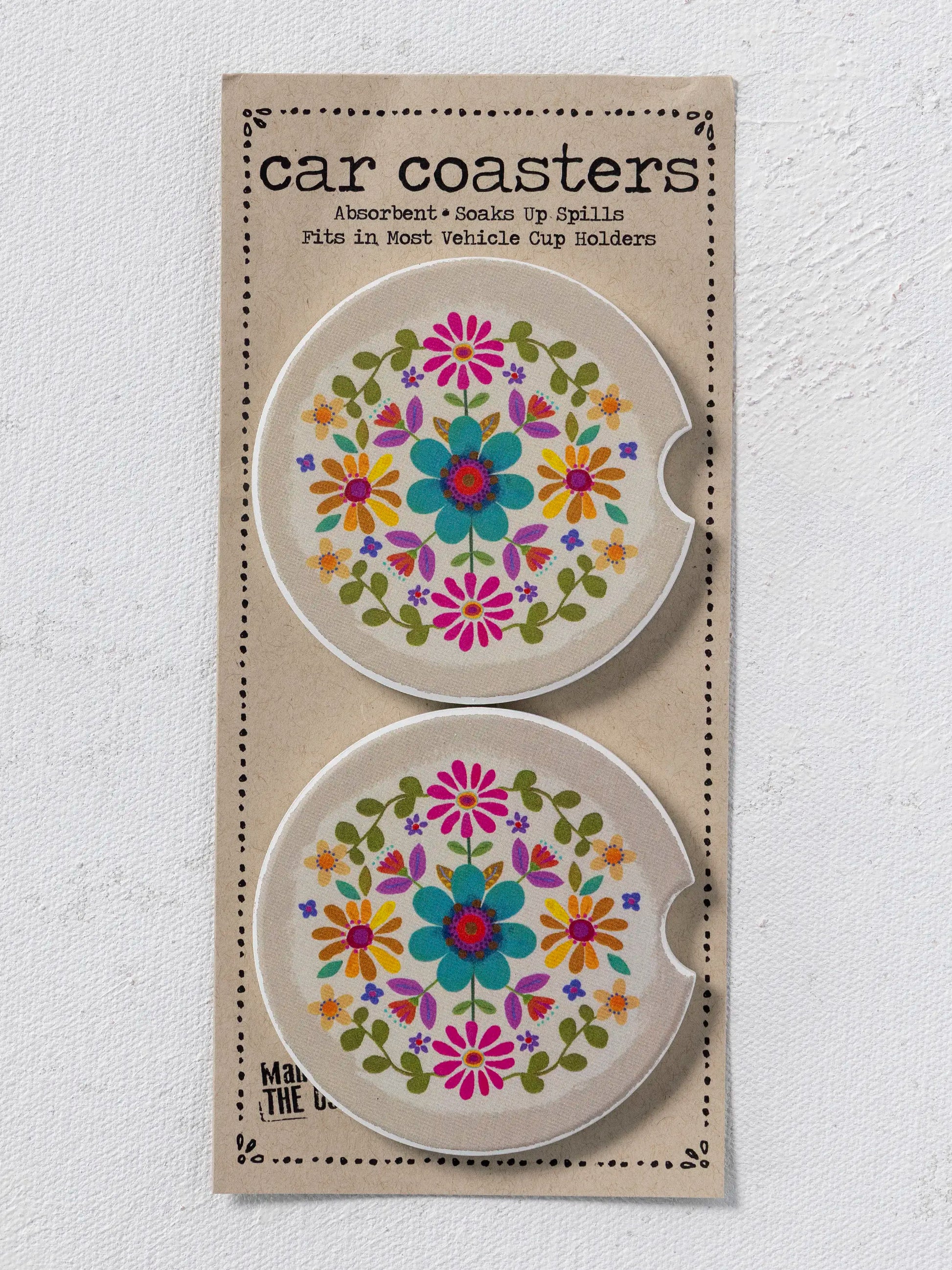Car Coasters, Set of 2 - Cream Folk Flower