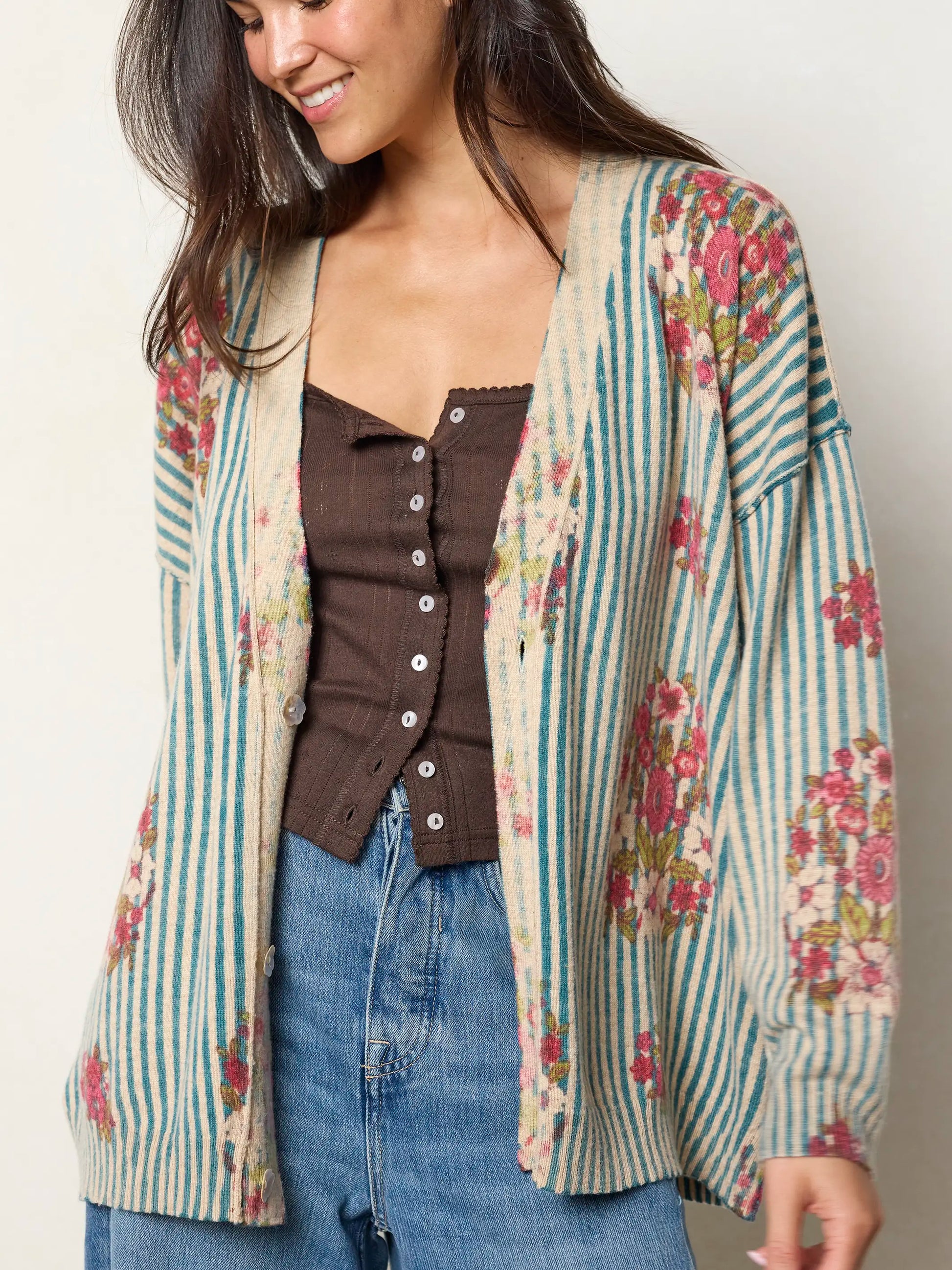 Live Happy Cardigan Sweater - Jaipur Stripe Washed Teal