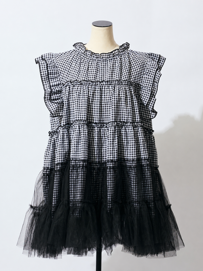 Gingham Tulle Ruffle Mini Dress