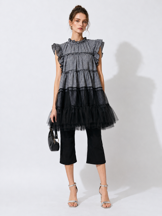 Gingham Tulle Ruffle Mini Dress