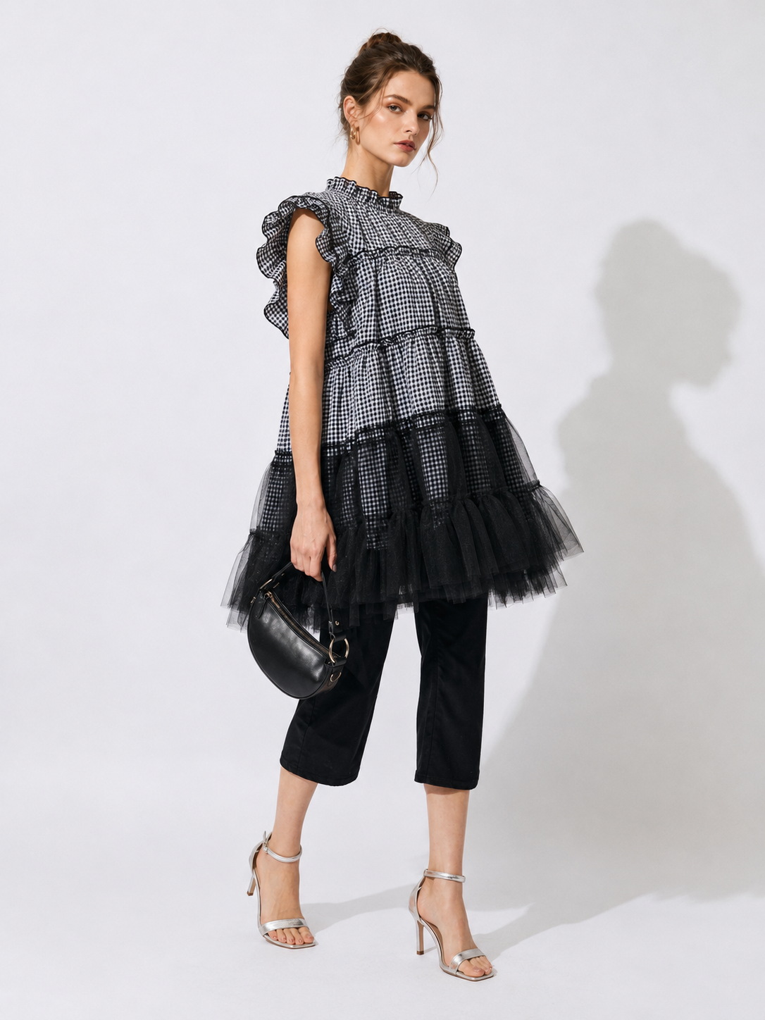 Gingham Tulle Ruffle Mini Dress