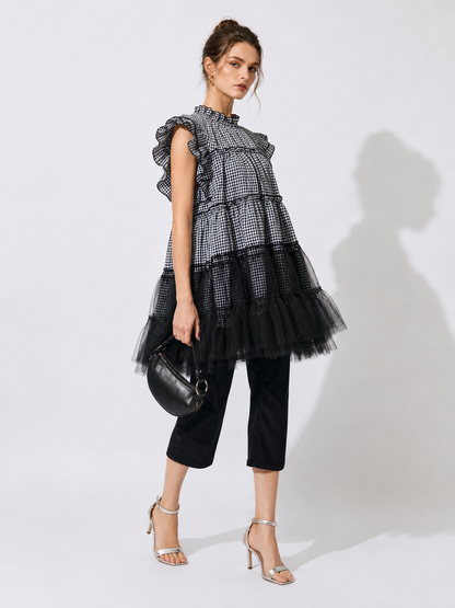 Gingham Tulle Ruffle Mini Dress