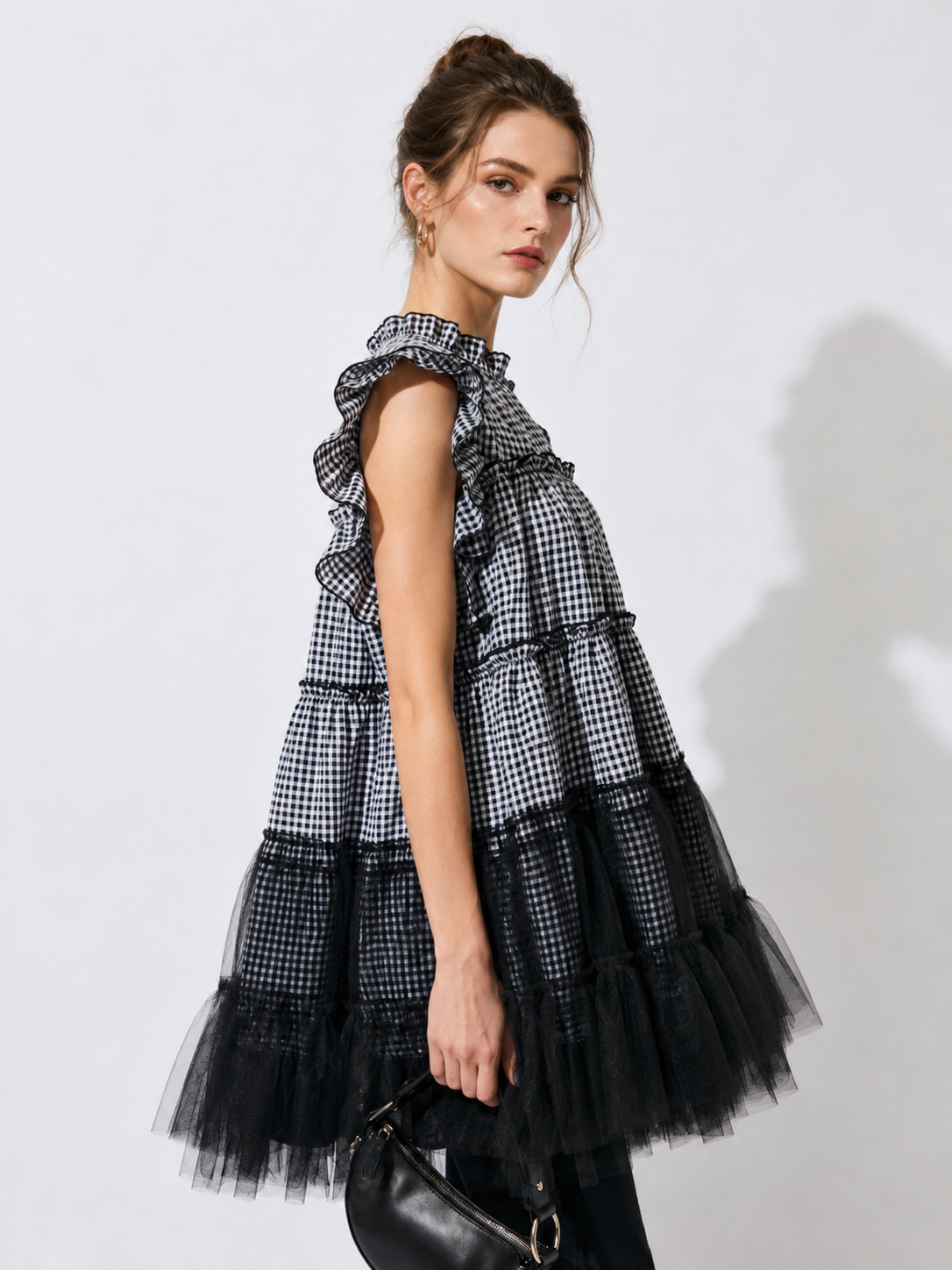 Gingham Tulle Ruffle Mini Dress