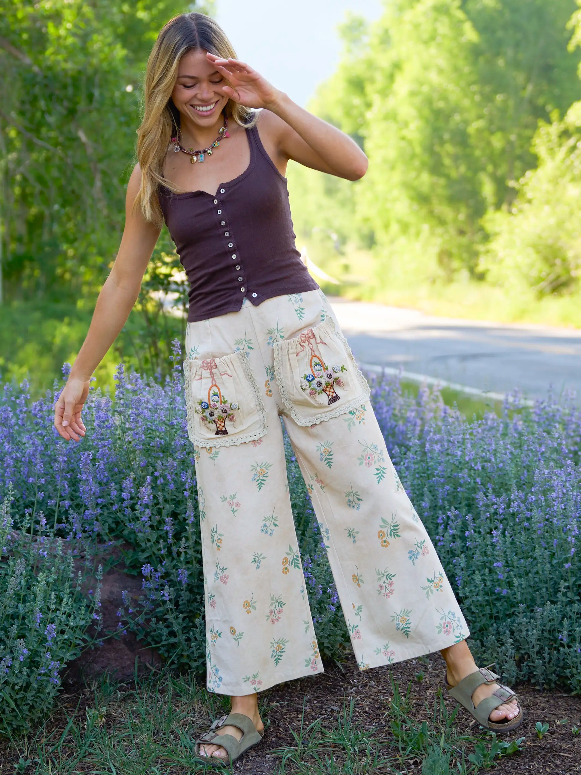 Brimfield Embroidered Cotton Pants - Cream Posies