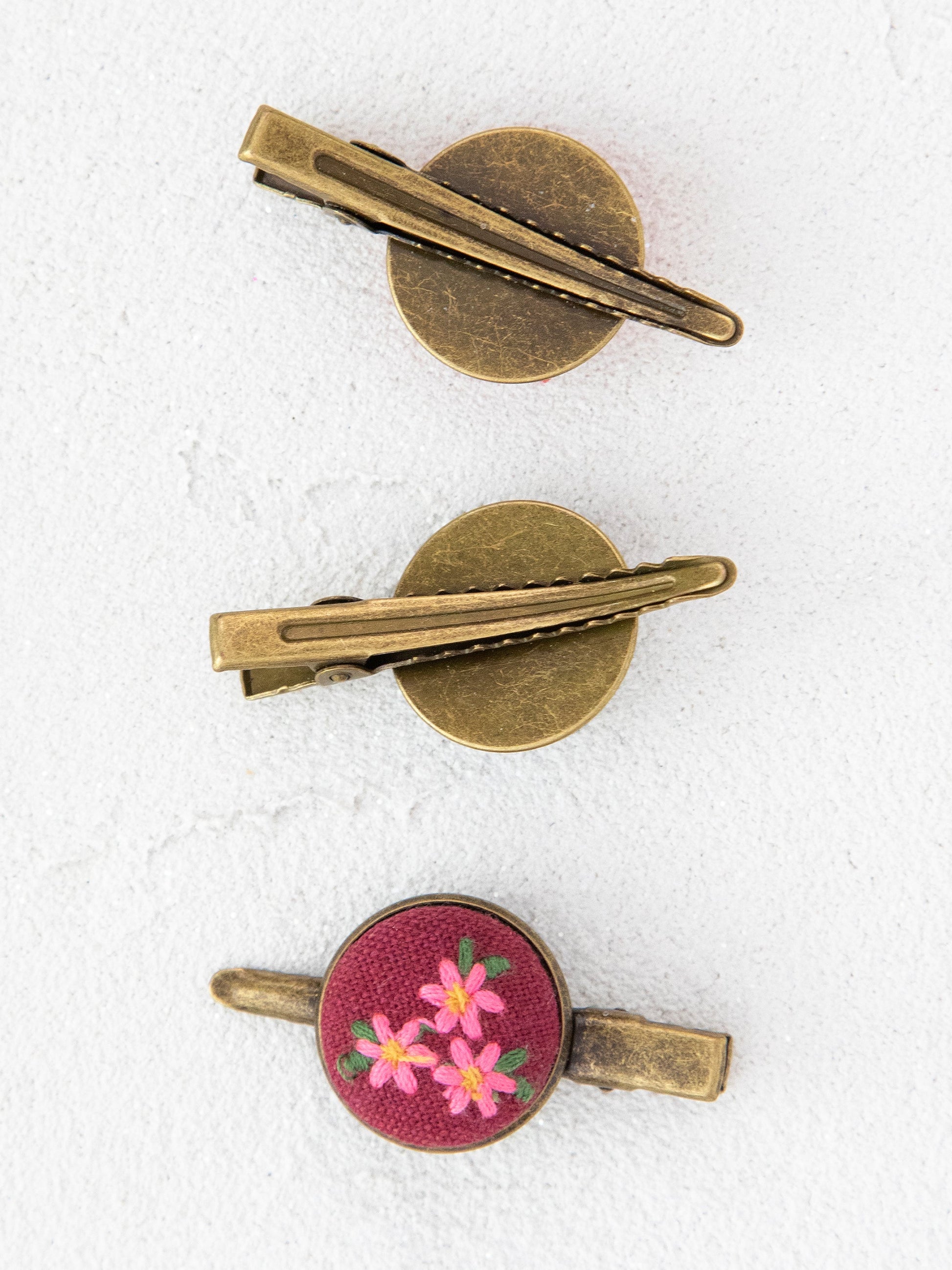 Embroidered Button Hair Clips, Set of 3