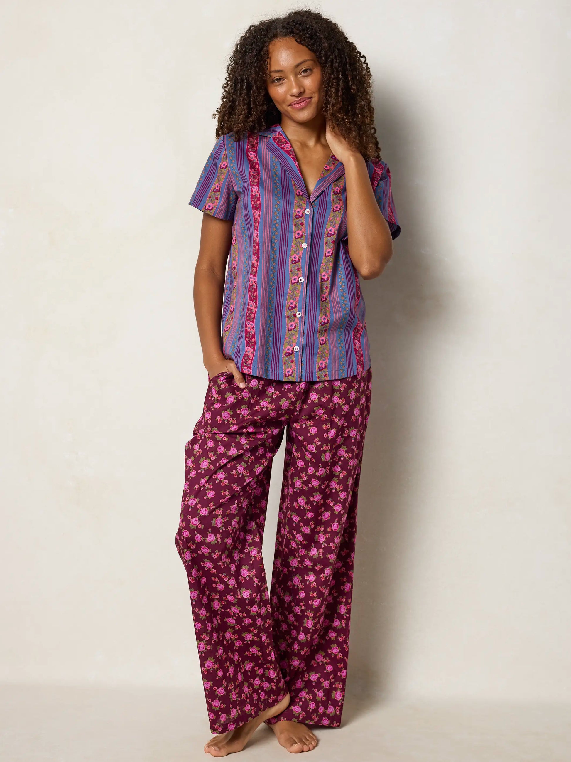 Mix & Match Cotton Short Sleeve Pajama Top - Retro Ribbons Navy