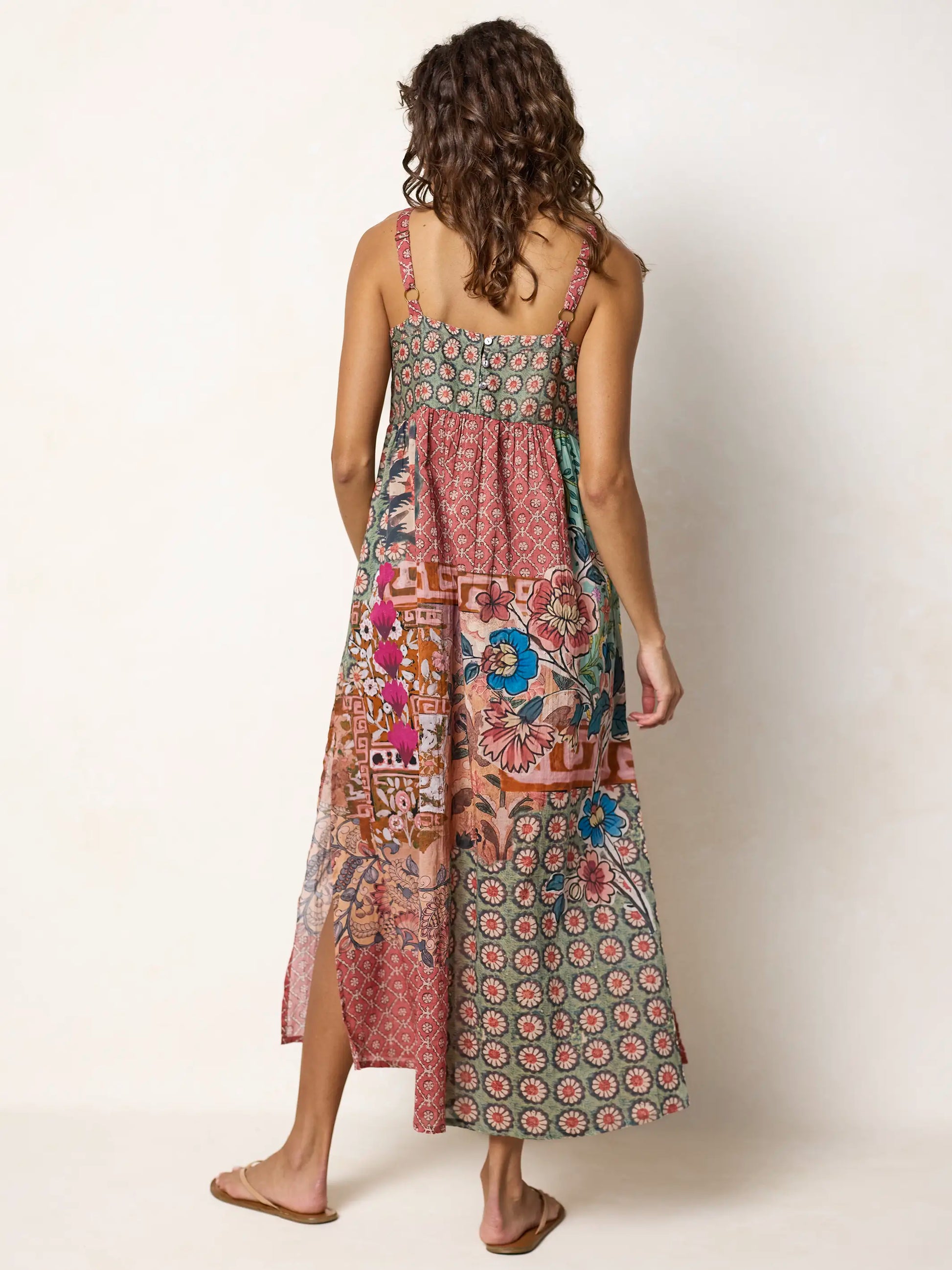 Patti Side Slit Cotton Maxi Dress - Patchwork Medallion Floral
