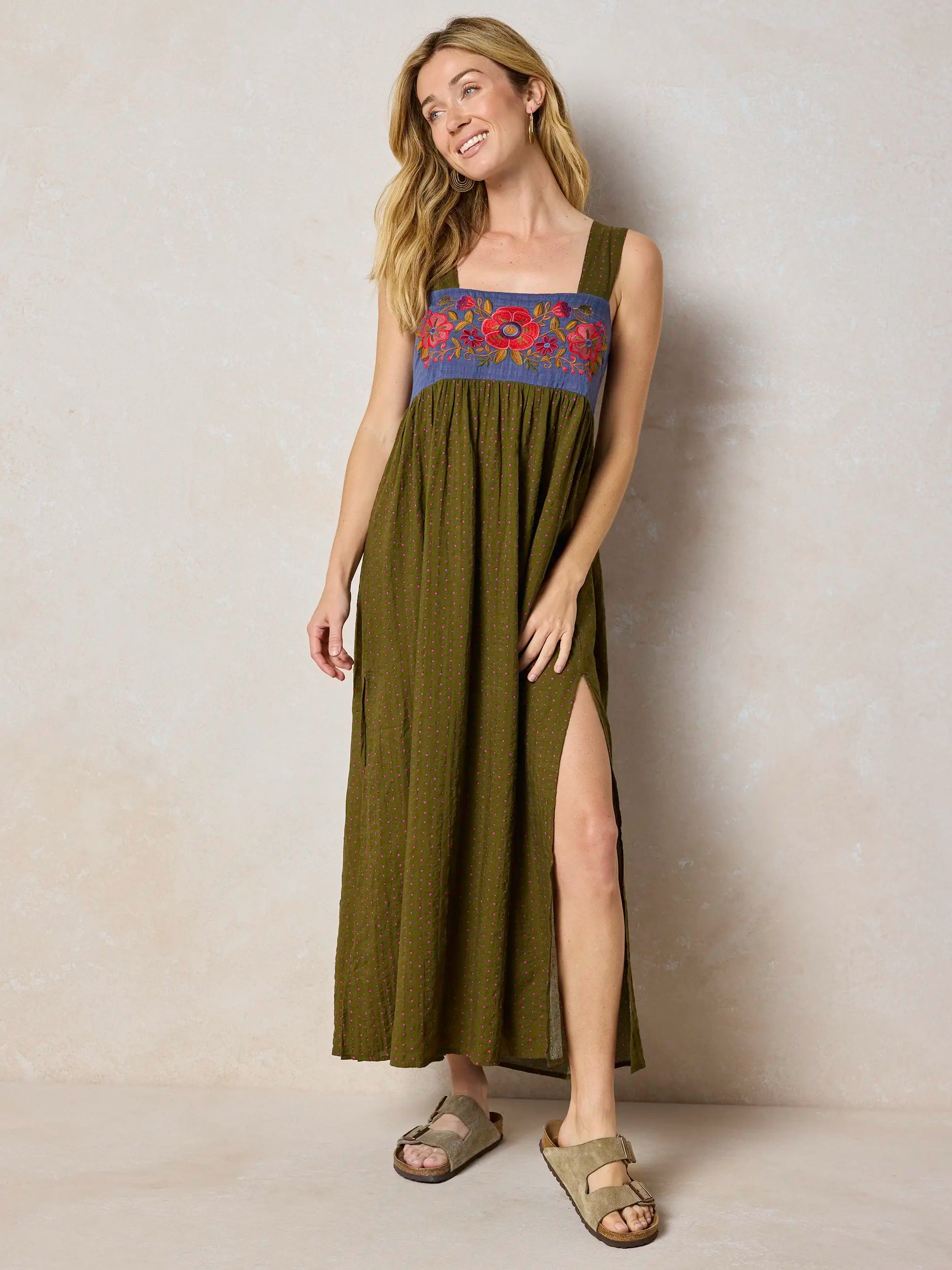 Embroidered Tricia Maxi Dress - Olive Polka Dot