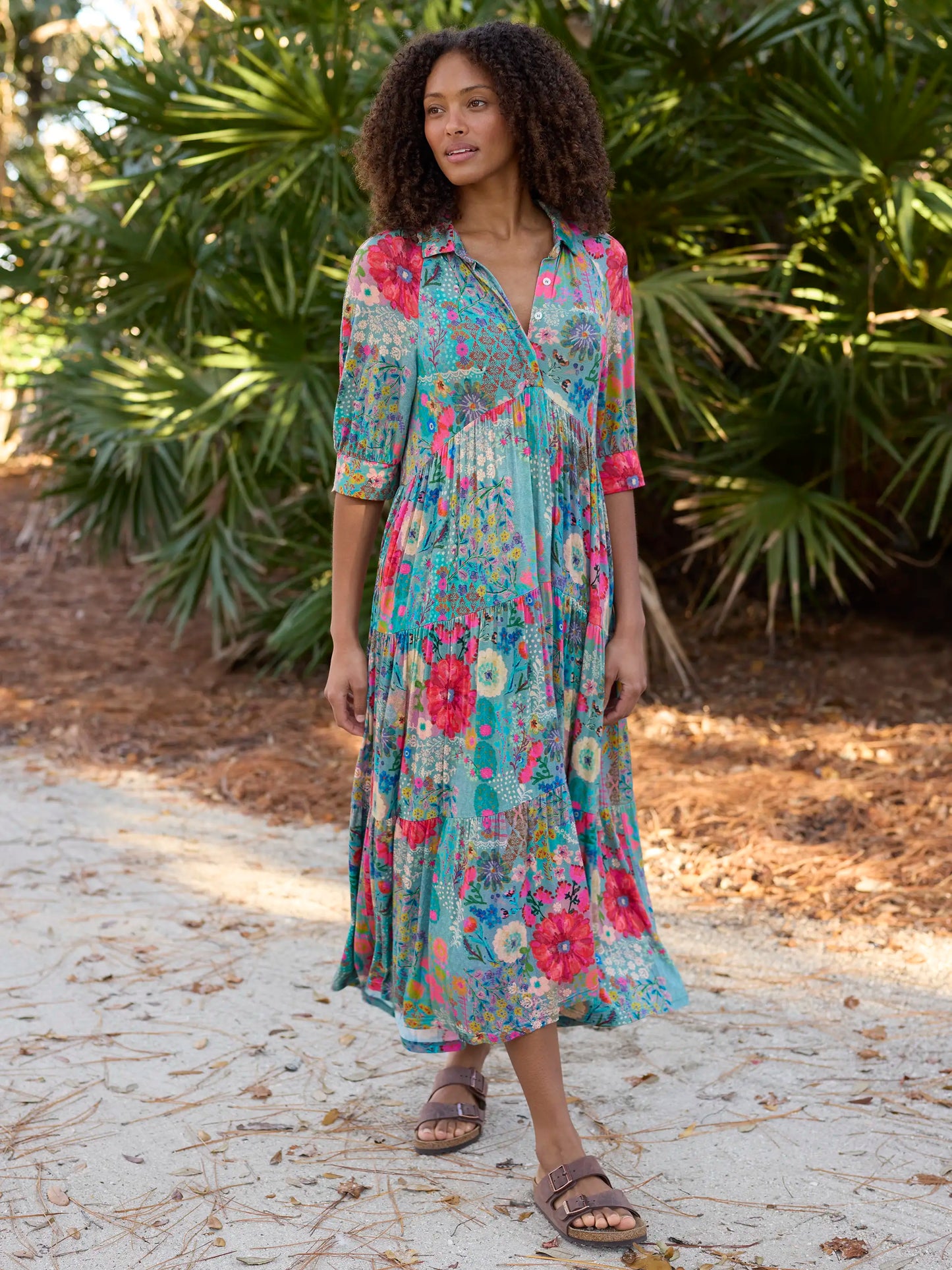 Rebecca "ButterSoft" Midi Dress - Blue Garden Patchwork