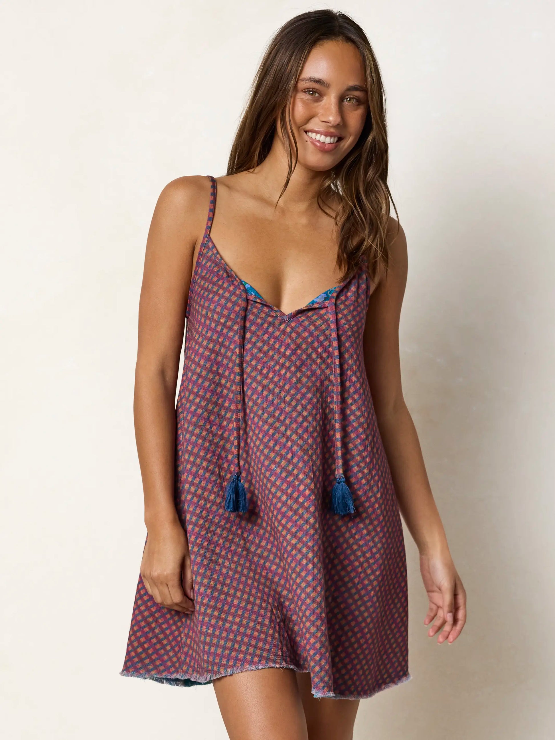 Reversible Cotton Gauze Mini Dress - Magenta Navy Gingham
