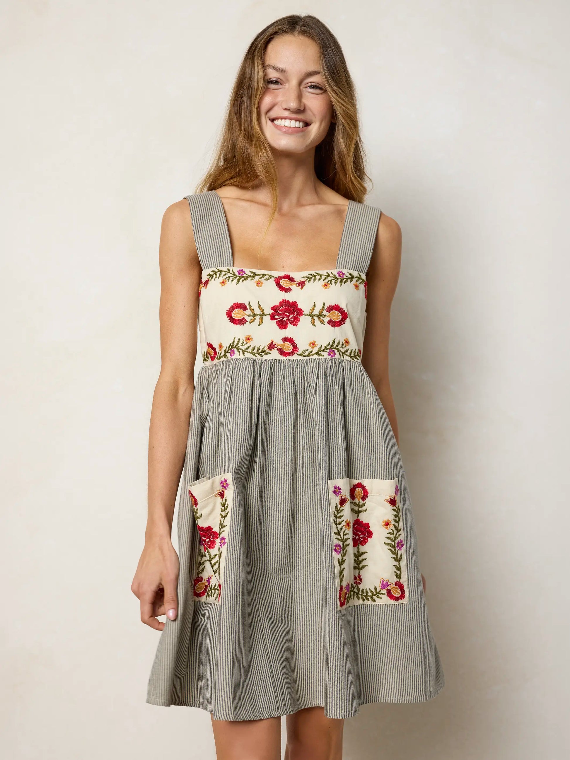 Tricia Embroidered Cotton Mini Dress - Ticking Stripe Navy