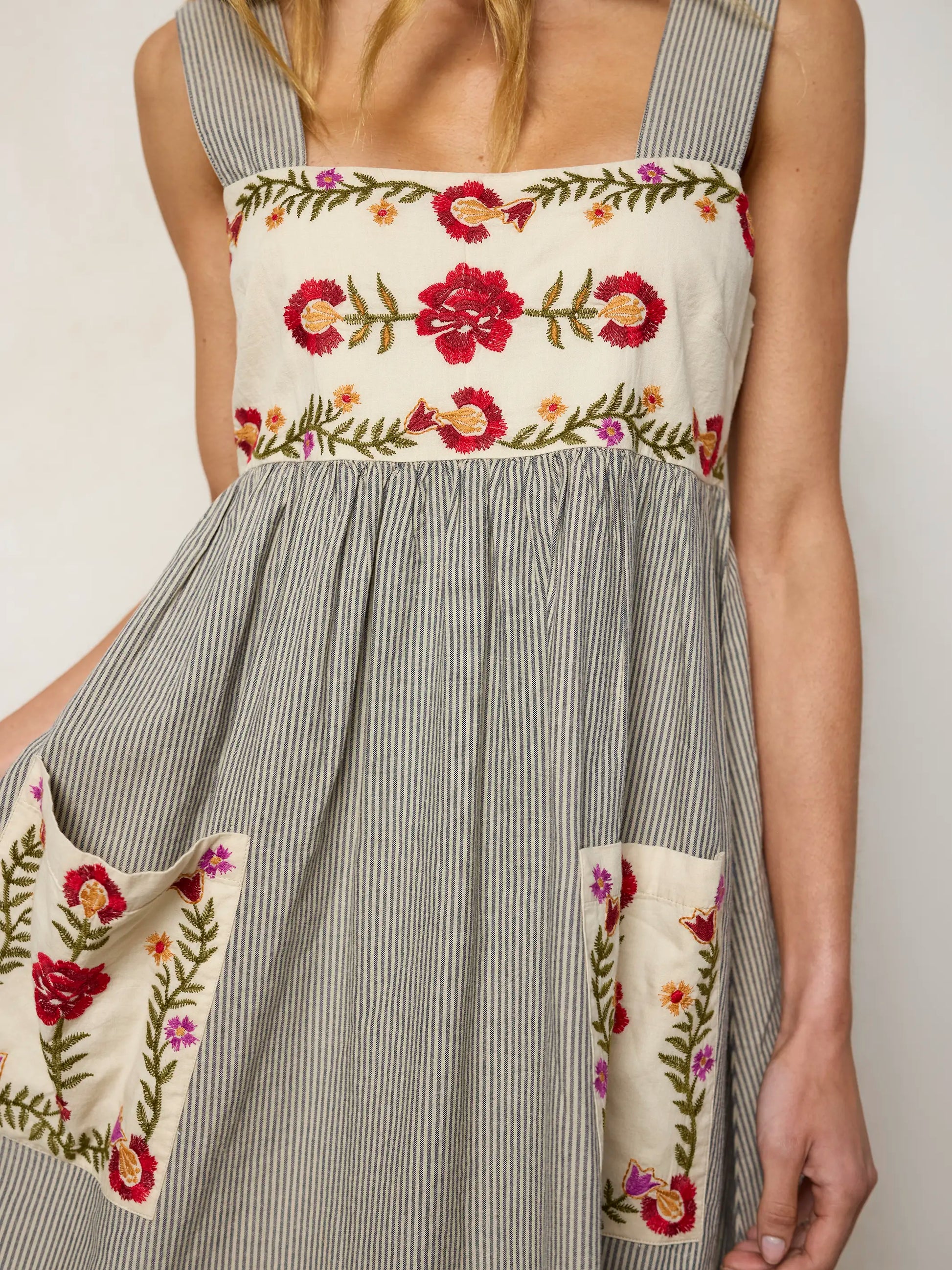 Tricia Embroidered Cotton Mini Dress - Ticking Stripe Navy