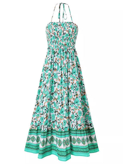 Floral Print Smocked Chest Halter Neck Maxi Dress