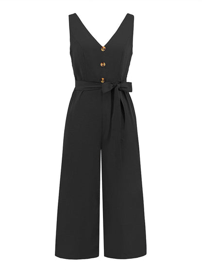 V-neck Button Knot-Tie W/ Cut-Out Back Jumpsuit