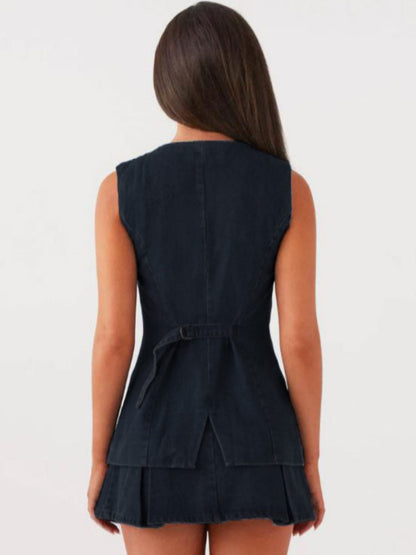 Casual Sleeveless High Waist Denim Set
