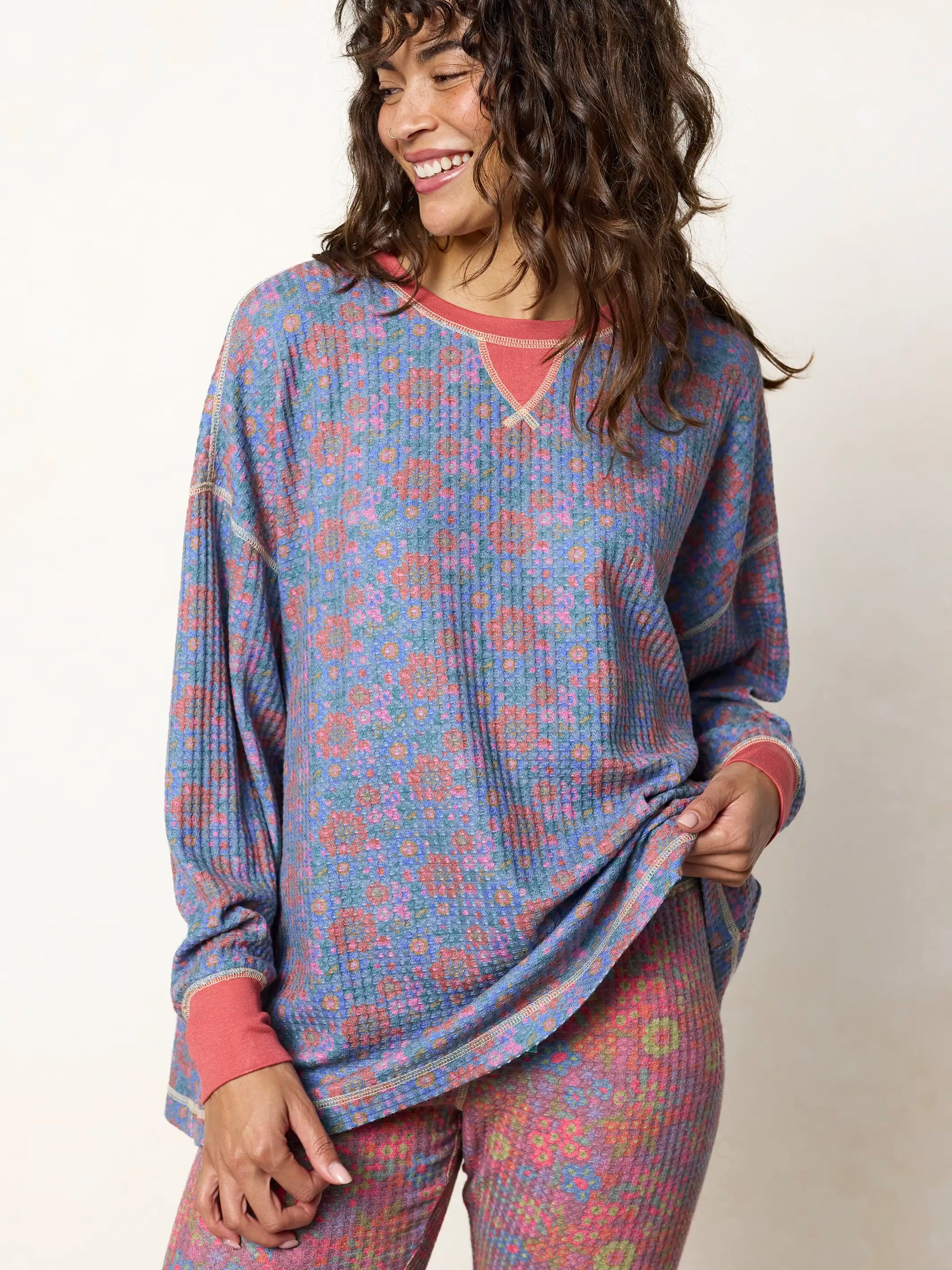 Mix & Match Waffle Pajama Top - Washed Navy Zinnias