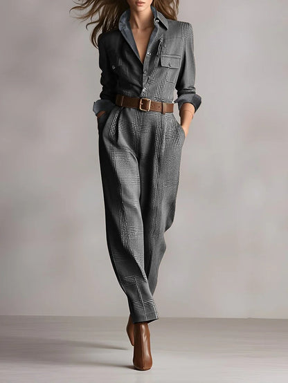 Brown Sophisticated Tweed Texture Plaid Utility Jumpsuit