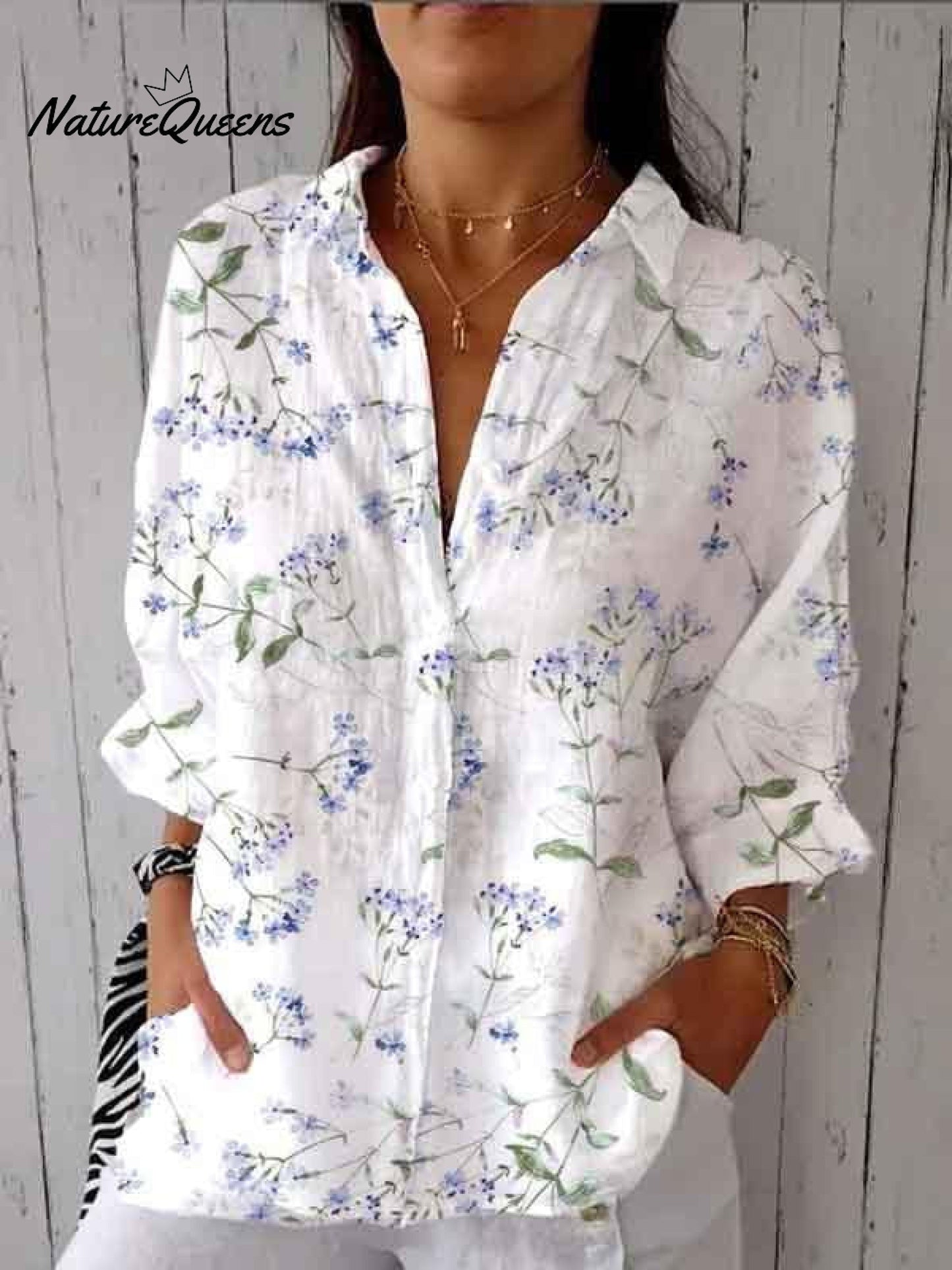 Women's Purple Floral Print Casual Linen V-neck Shirt