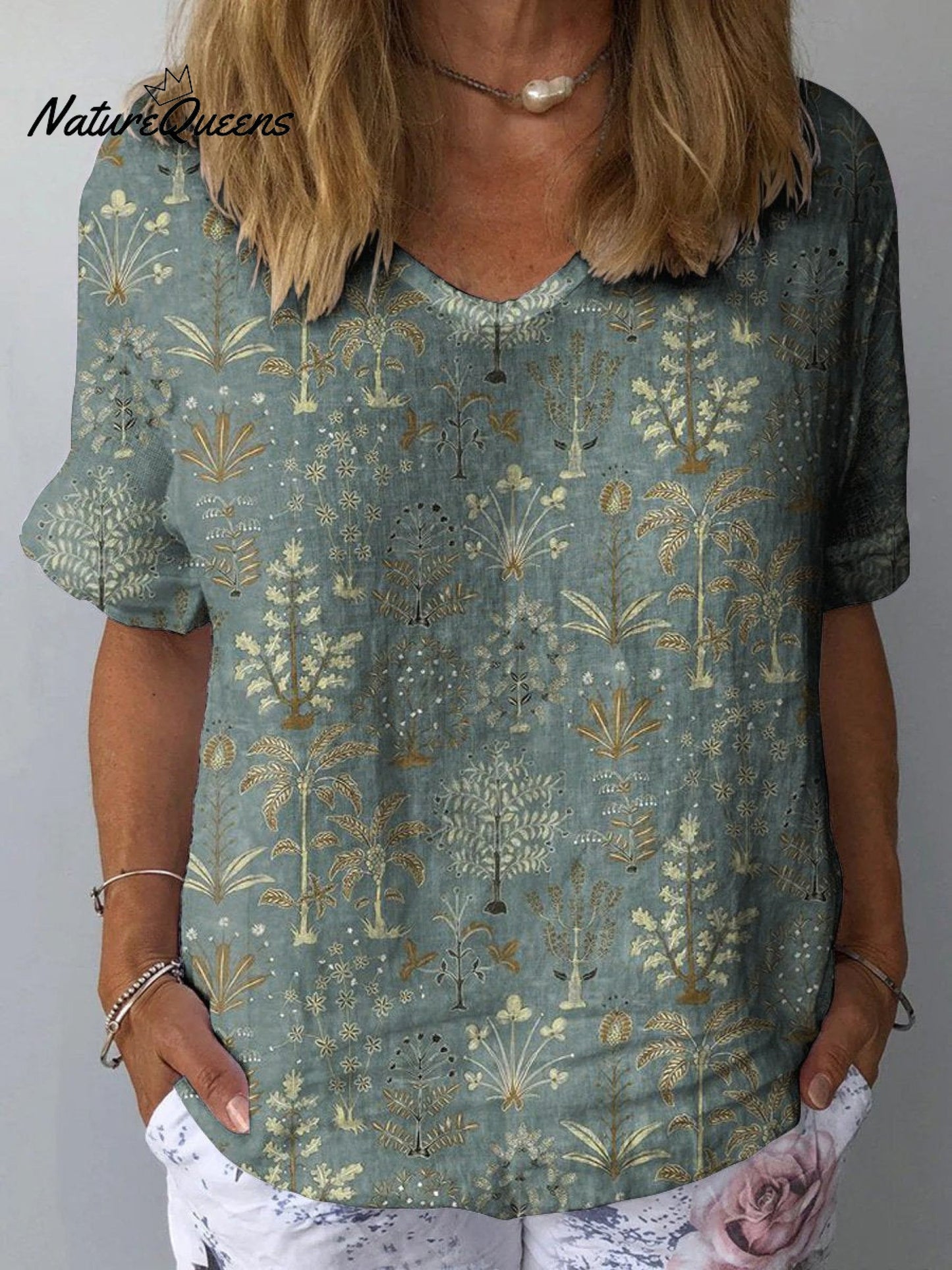 Woodland Vegetation Pattern Printed Women's Casual Cotton And Linen Shirt