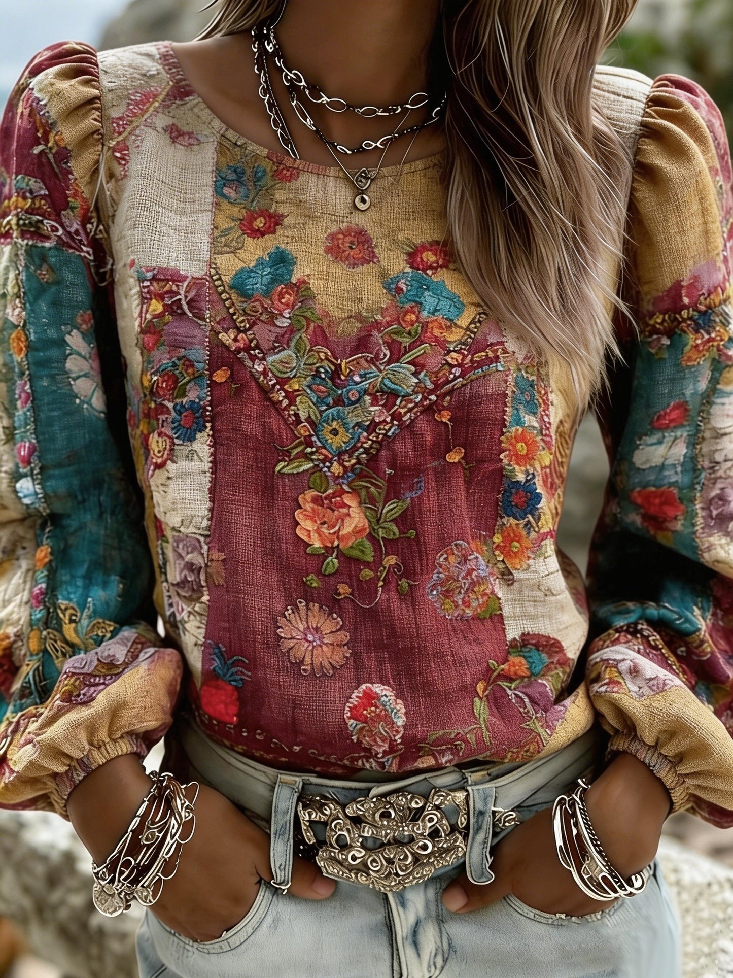 Women's Plants Flowers Print Crew Neck Long Sleeve Shirt