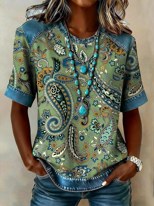 Women's casual retro Western floral T-shirt