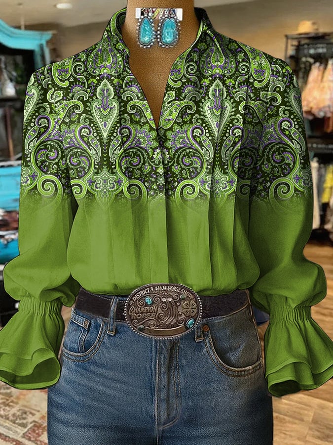 Women's Retro Western Floral Print Shirt
