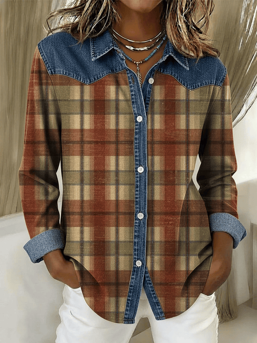 Women's Vintage Plaid Pattern Denim Patchwork Blouse