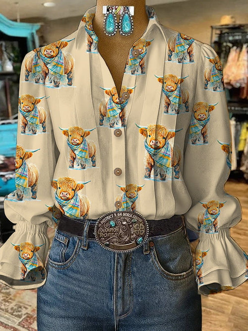 Women's Casual Western Cow Puff Sleeve Shirt