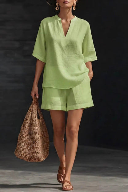 Minimalist Cozy V-neck Shirt And Shorts Linen Cotton Two-piece Set