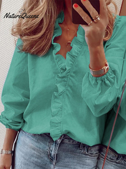 Women's Casual Cotton and Linen Ruffle Shirt