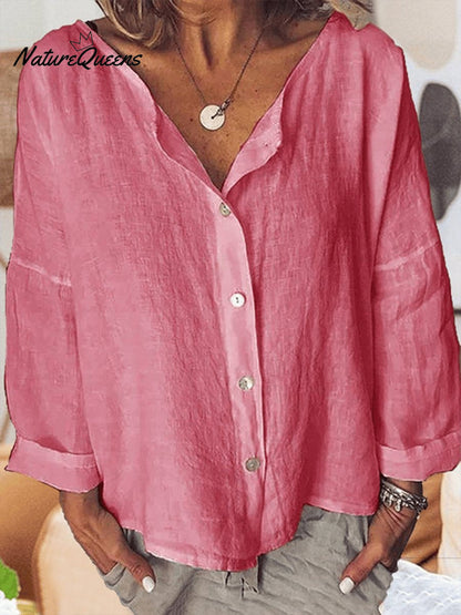 Women's Solid Color Retro Cotton And Linen Casual Shirt