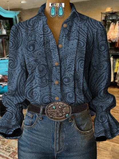 Women's Retro Casual Autumn Western Puff Sleeve Shirt
