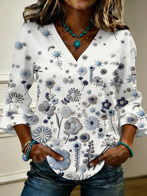 Women's Retro Floral Print Casual V-Neck Ruffle Shirt