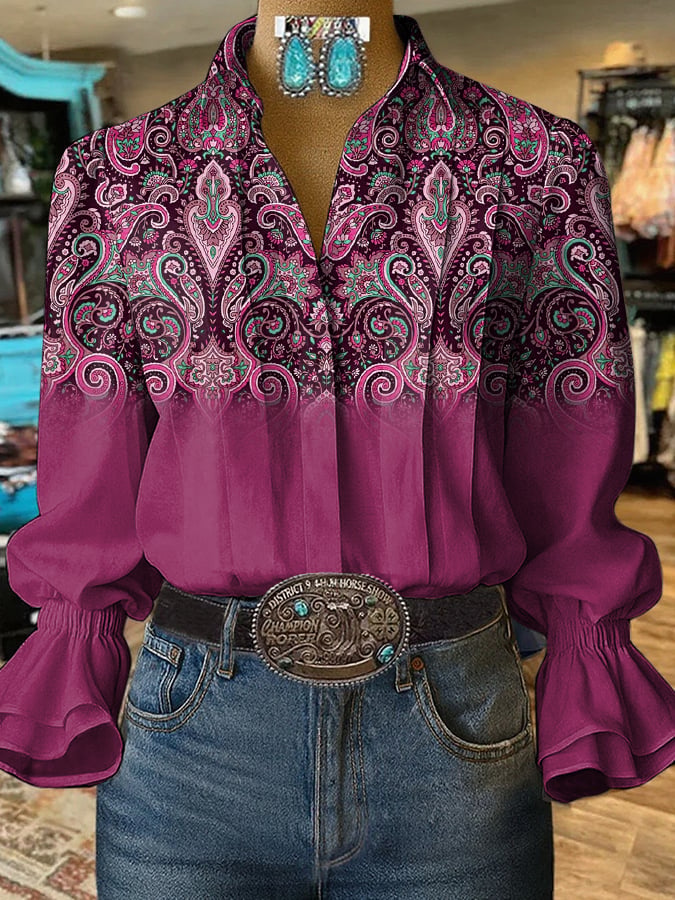 Women's Retro Western Floral Print Shirt