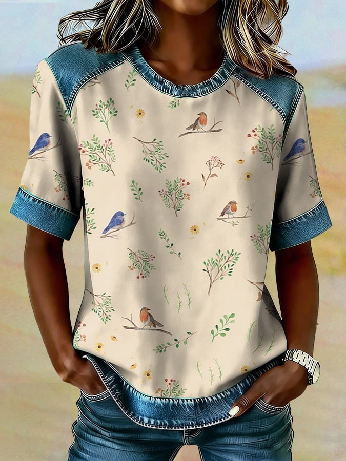 Women's casual retro bird print T-shirt