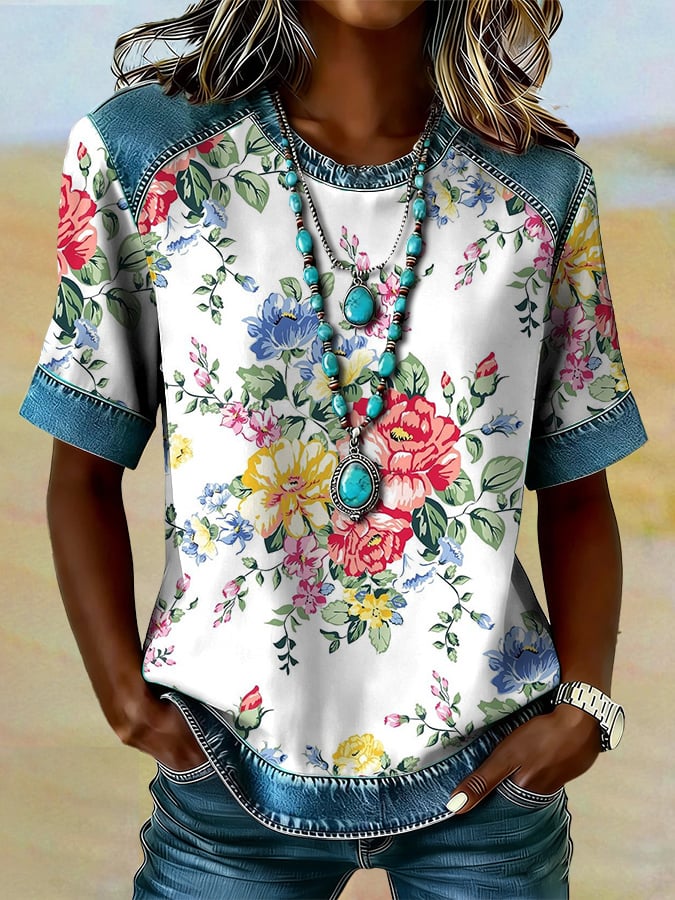 Women's casual retro Western floral T-shirt