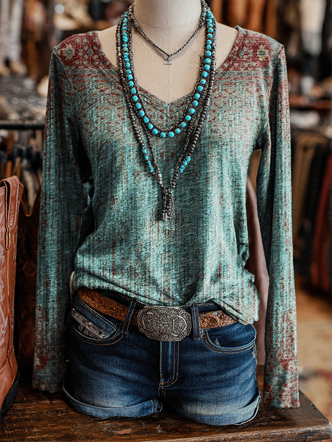 Women's Retro Western Print V-Neck Long Sleeve T-Shirt