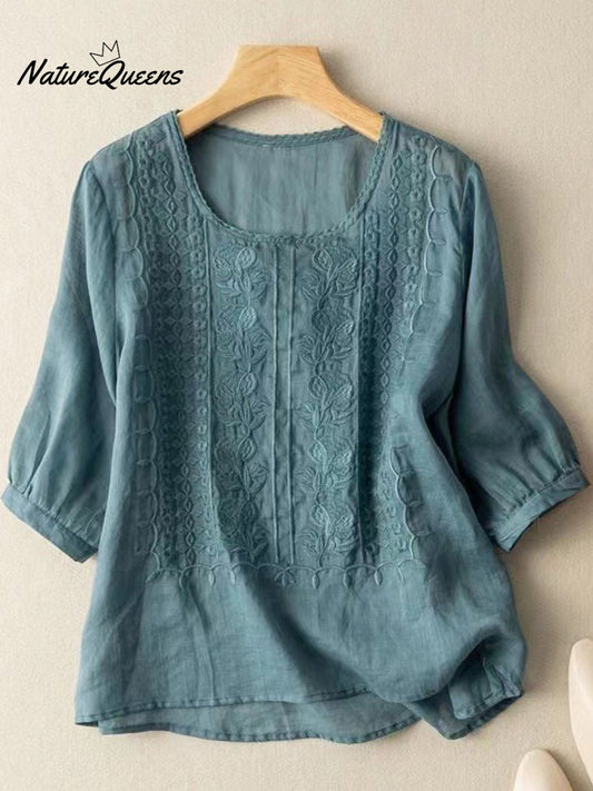Women's Mid Sleeve Cotton And Linen Embroidery Blouse