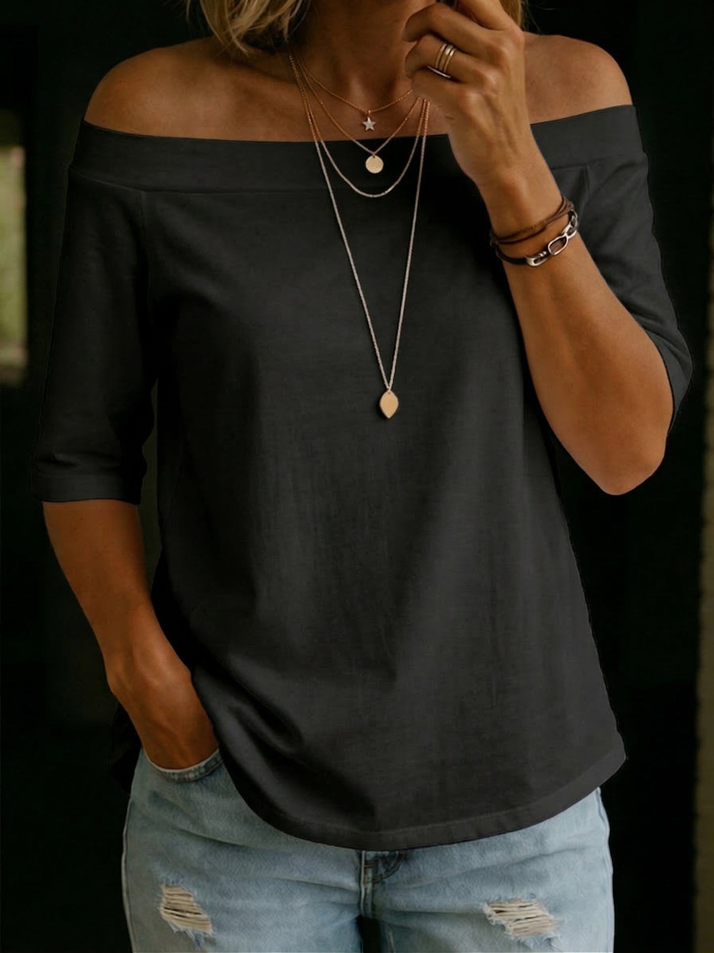 Cozy Elegant Off-shoulder 100% Cotton T-shirt