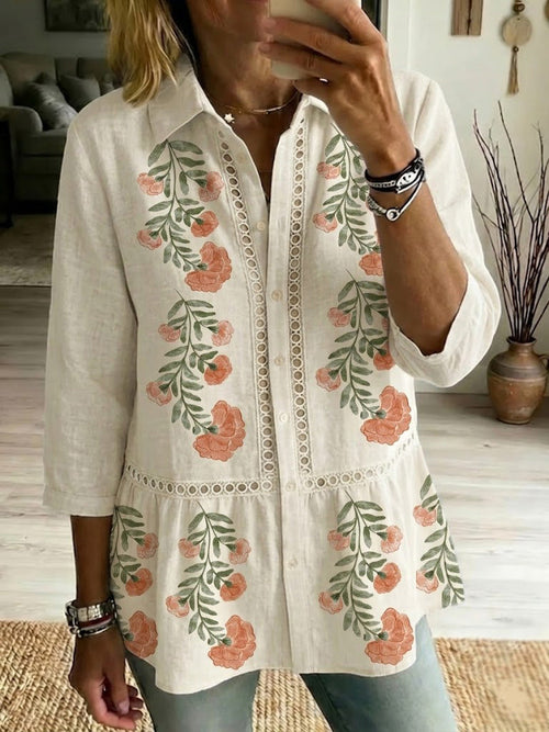 Women's Vintage Floral Art Print Casual Cotton Shirt With Turn-down Collar