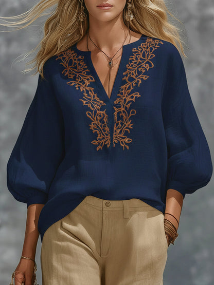 Loose-fitting V-neck Linen And Cotton Shirt