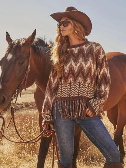 Boho Fringe Hem Aztec Print Sweater